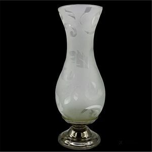 12” Floral Etched Frosted Vintage Glass Vase With Weighted Silver Base